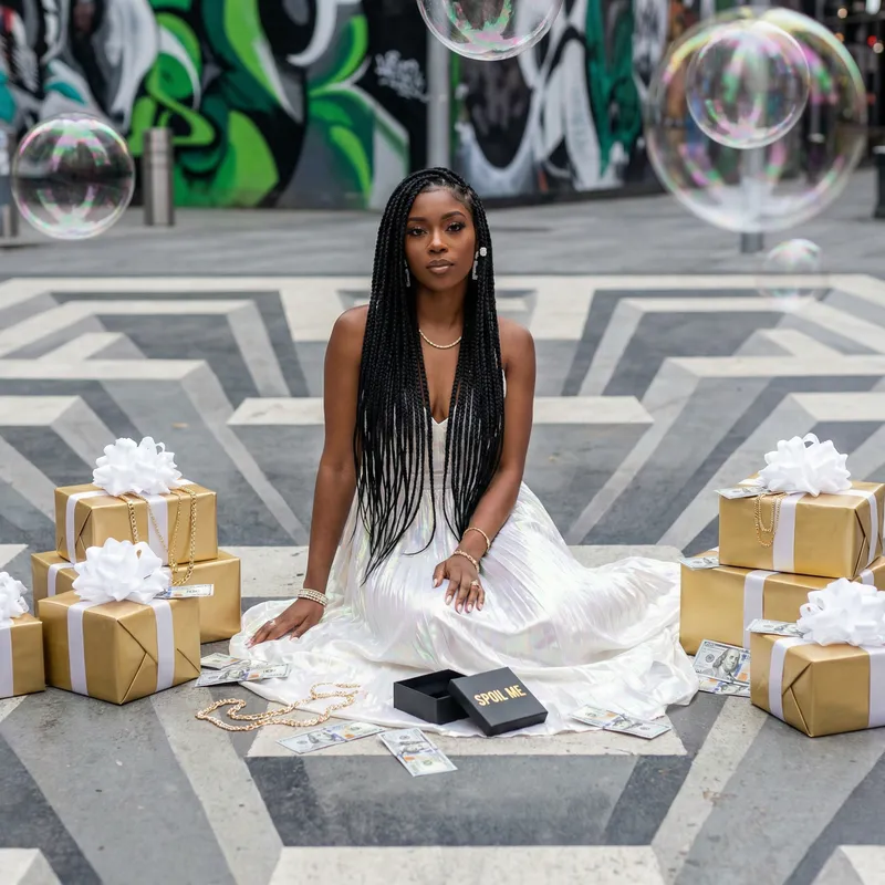 Stunning African American Woman with Long Box Braids in Bling White Dress