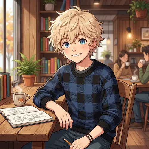 Anime Style Boy with Light Blonde Hair and Checkered Sweater