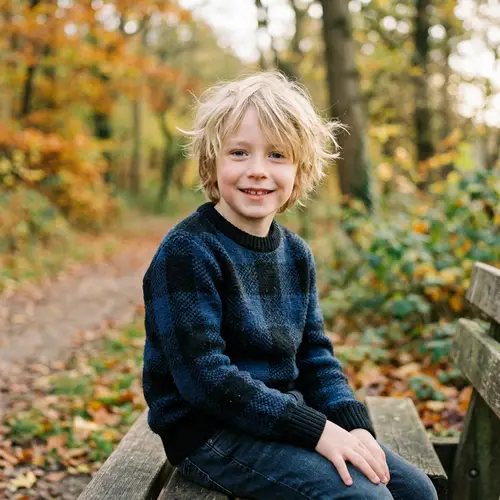 Messy Light Blonde Hair Boy in Checkered Sweater