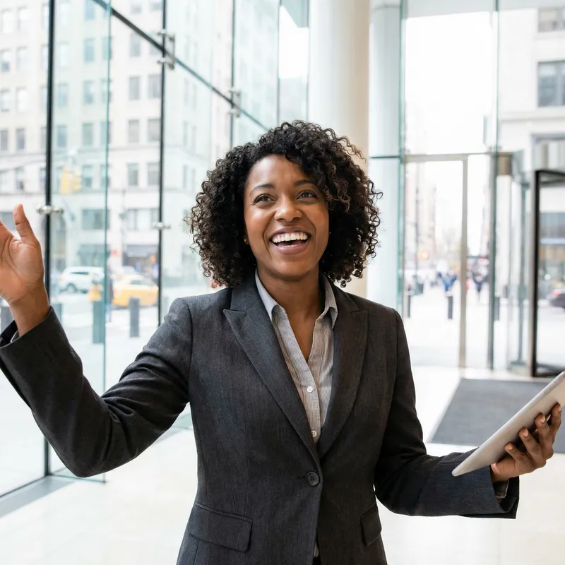 Excited Black Business Woman in Professional Attire