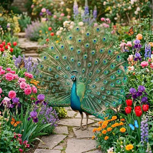 Cute Peacock Amidst Colorful Flowers