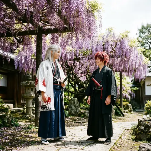 Demon Hunter Anime Characters Under Wisteria Tree - Camaraderie Scene