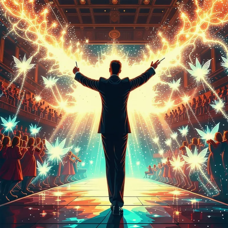 Magical Conductor with Glowing Fairies at Festival Concert Hall Magical Conductor with Glowing Fairies at Festival Concert Hall
