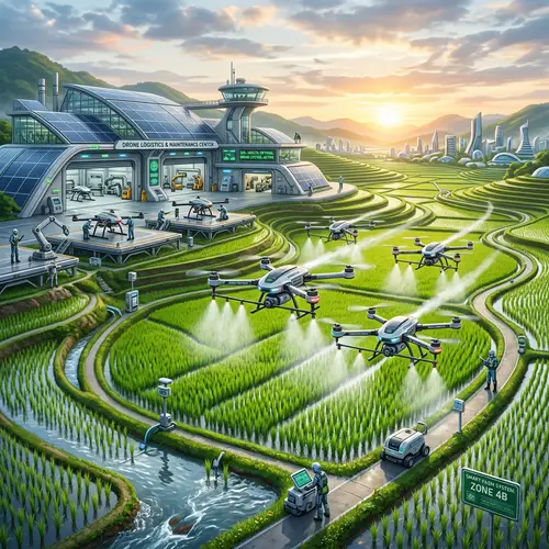 Futuristic Rice Field with Drone Technology