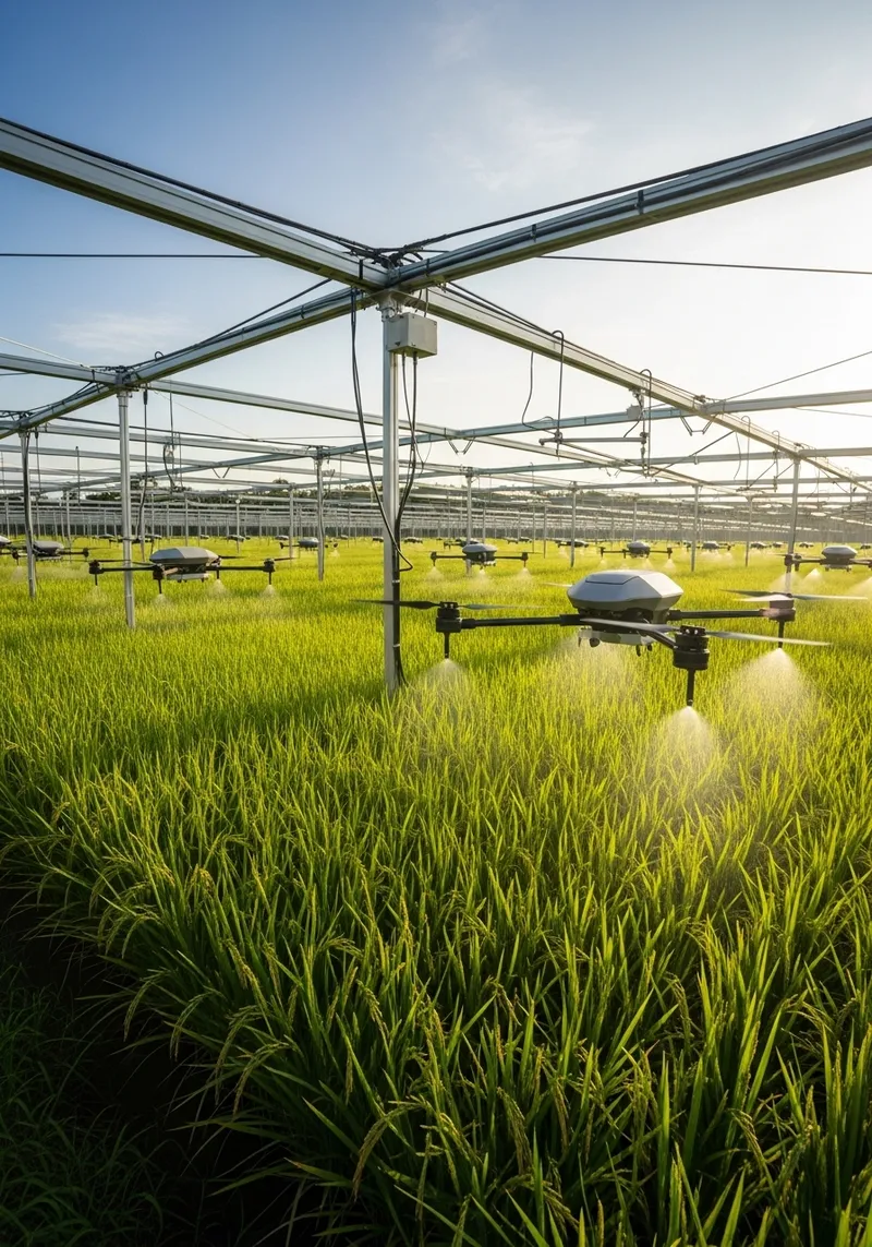 Futuristic Rice Field with Drone Technology