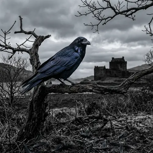 Mysterious Raven Perched on Weathered Tree Branch