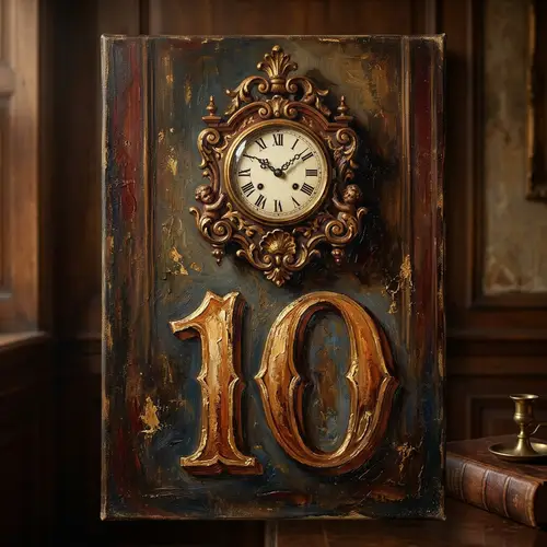 Oil Painting of Number 10 and Vintage Clock | Baroque Style Art