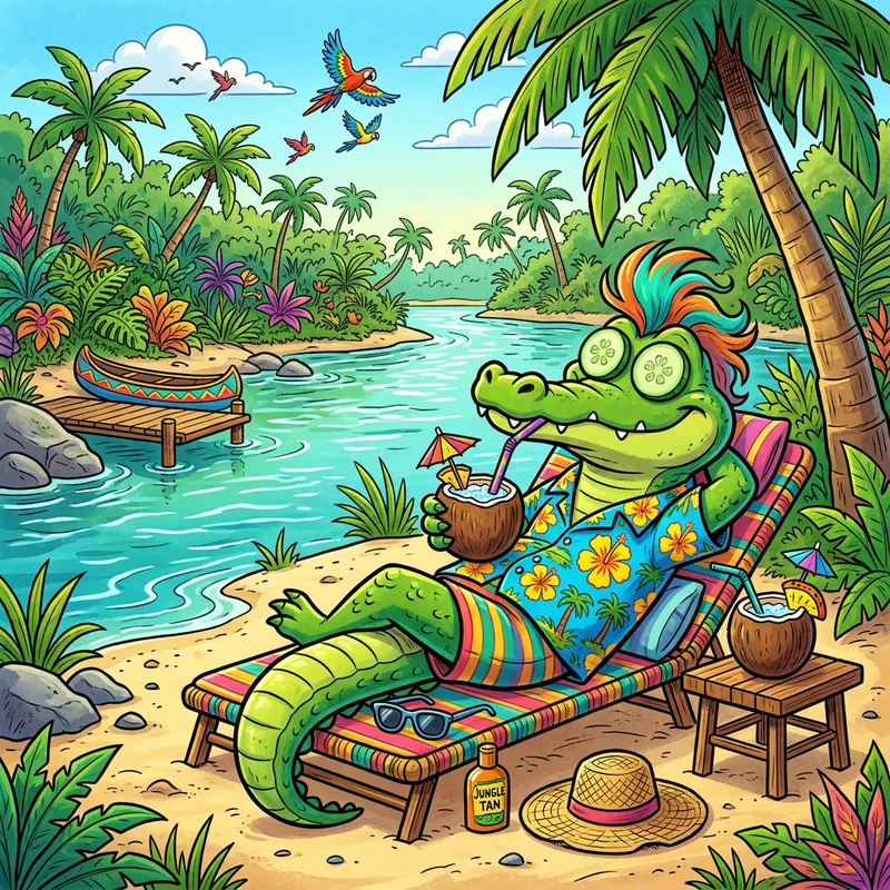 Relaxing Cartoon Crocodile in Tropical Paradise Relaxing Cartoon Crocodile in Tropical Paradise