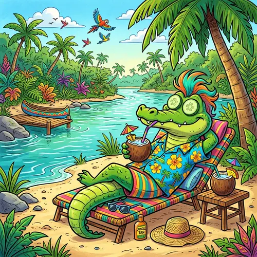 Relaxing Cartoon Crocodile in Tropical Paradise