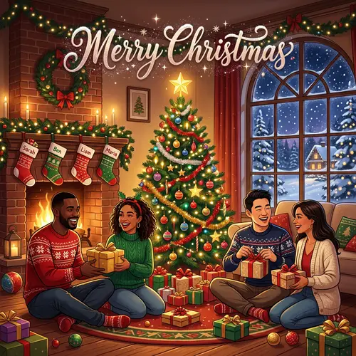 Colorful Holiday Greeting Card with Decorated Christmas Tree and Festive Celebration