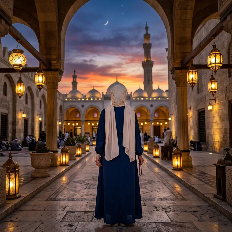 Graceful Hijabi Woman in Ramadan at Orange-Purple Sunset Graceful Hijabi Woman in Ramadan at Orange-Purple Sunset