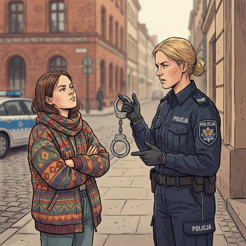 Confident Girl Detained by Serious Policeman in Slavic Arrest Scene Confident Girl Detained by Serious Policeman in Slavic Arrest Scene