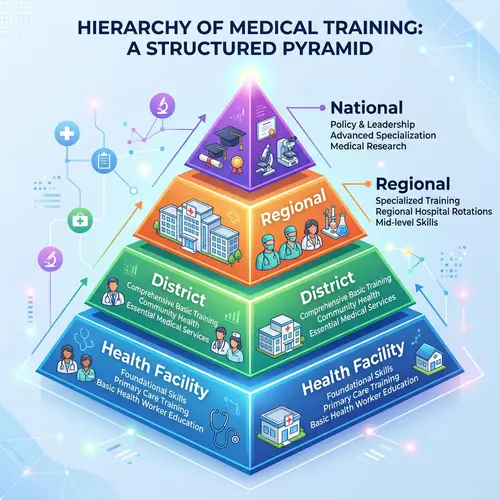 Medical Training Hierarchy Pyramid: National - Regional - District - Health Facility