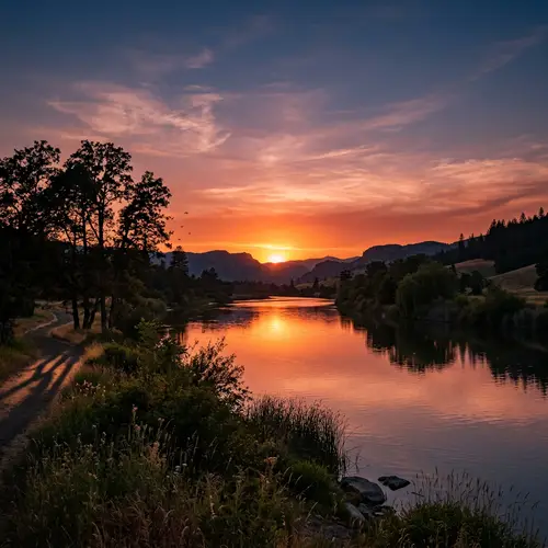 Tranquil Sunset Landscape | River, Foliage & Serene Charm