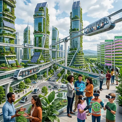 Futuristic World with Green Skyscrapers and Advanced Technology