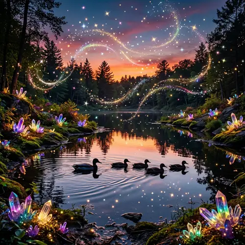 Swimming Ducks at Serene Pond with Glistening Crystals and Sparkles