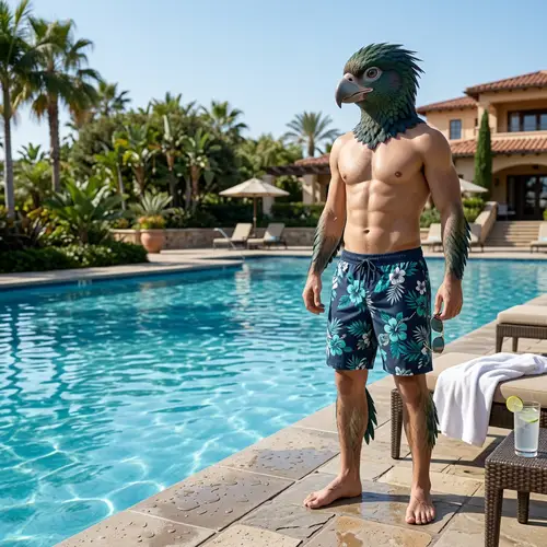 Male Bird Demi-Human by Pool in Casual Swimming Shorts