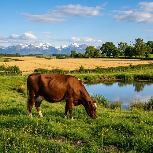 Mature Brown Cow in Peaceful Countryside | Serene Pastoral Scene