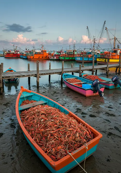 Colorful Crab and Shrimp Fishing Boats at Dock