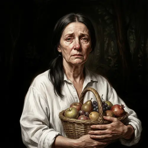 A Sad Woman with a Basket of Fruits - Artistic Exploration