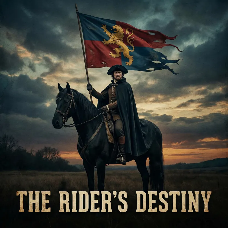 Male Rider on Black Horse with Flag Image