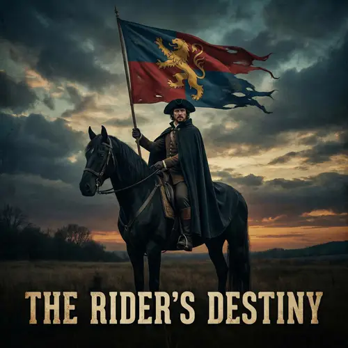 Male Rider on Black Horse with Flag Image