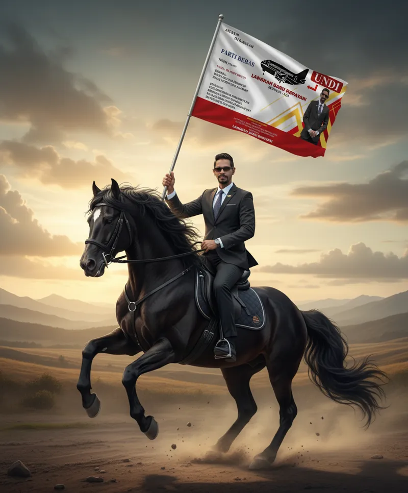 Male Rider on Black Horse with Flag Image