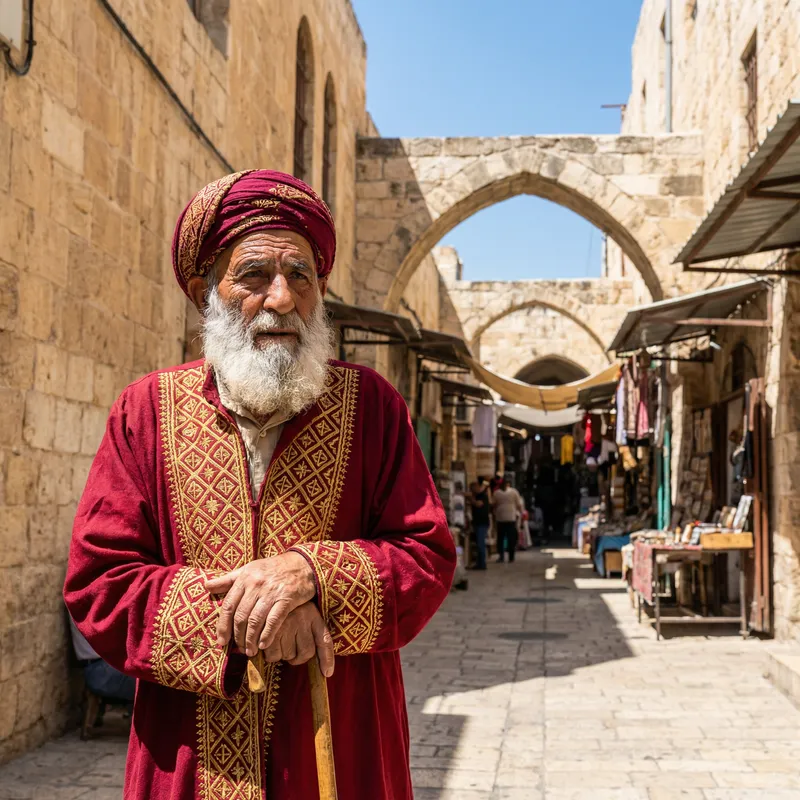 Ancient Middle-Eastern Man in Red Robe | Historic City View