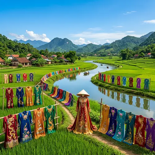 Vietnamese Ancient Clothing Landscape | Colorful Silk Garments