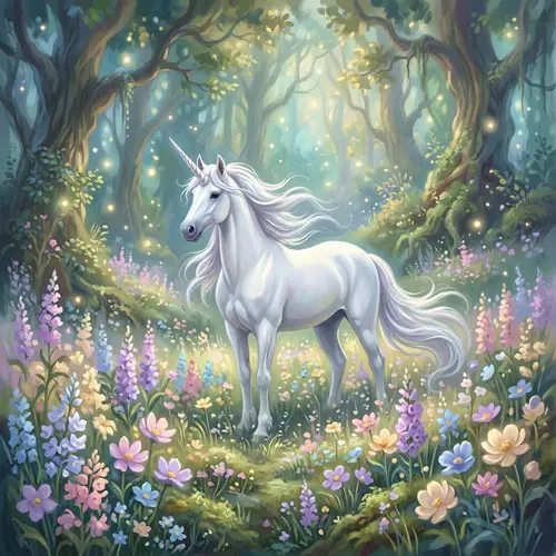 Mystical Forest Glade with Unicorn among Wildflowers