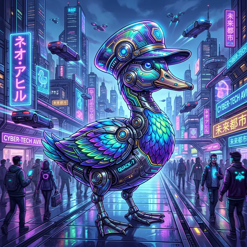 Futuristic Cybernetic Duck in Neon Cityscape Futuristic Cybernetic Duck in Neon Cityscape