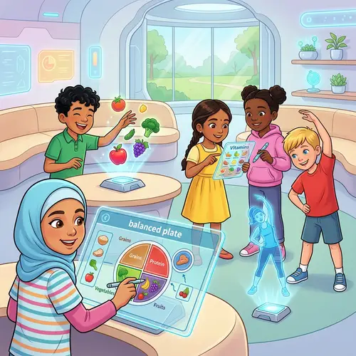 Diverse Kids Embracing Healthy Activities with Futuristic Digital Devices