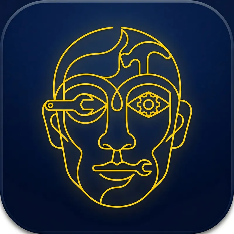 Toolduck Icon: Yellow Abstract Face with Tool Elements Toolduck Icon: Yellow Abstract Face with Tool Elements