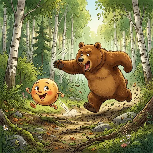 Action Scene: Kolobok and Bear Chase in Russian Forest