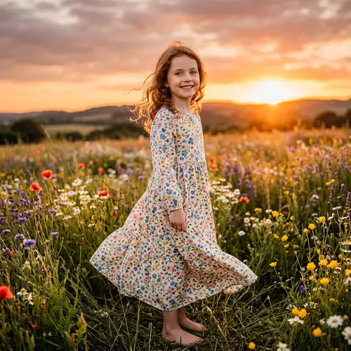 Graceful Beauty: Auburn-Haired Girl in Elegant Floral Dress