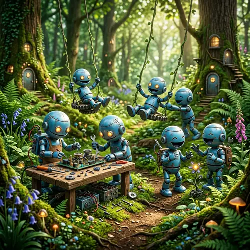 Futuristic Robot Miniatures in Enchanted Forest Scene