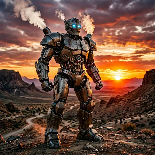 Metallic Humanoid Robot at Sunset - Symbol of Willpower