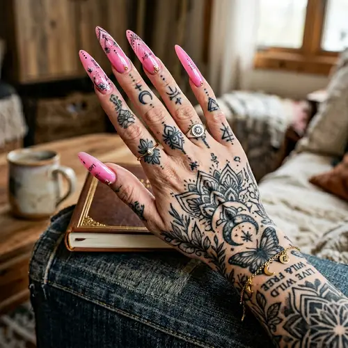 Extra Extra Long Almond Pink Nails with Tattoos