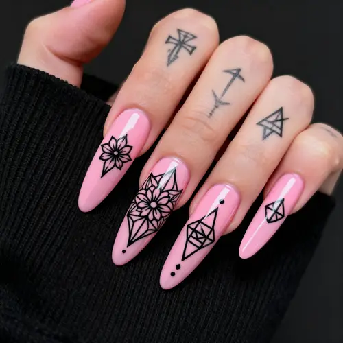 Extra Extra Long Almond Pink Nails with Tattoos