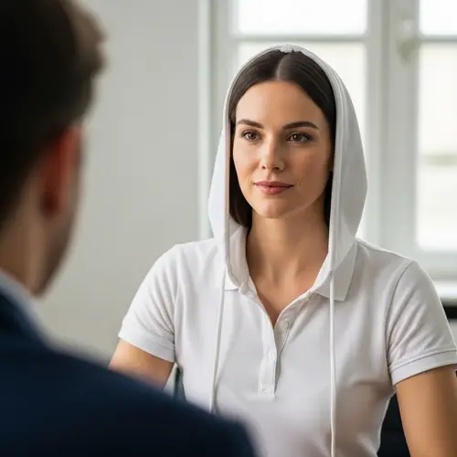 Caucasian Woman in White Polo: Interview Style
