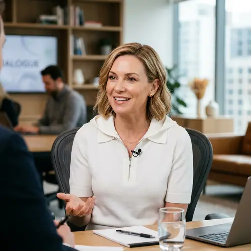 Caucasian Woman in White Polo: Interview Style