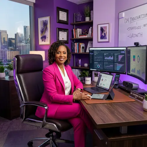 Empowering Black Woman in Pink Suit at Executive Office