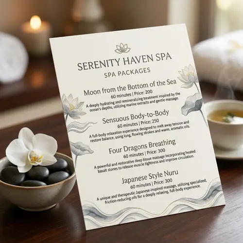 Spa Package Menu - Moon, Sensuous B2B, Four Dragons, Japanese Nuru