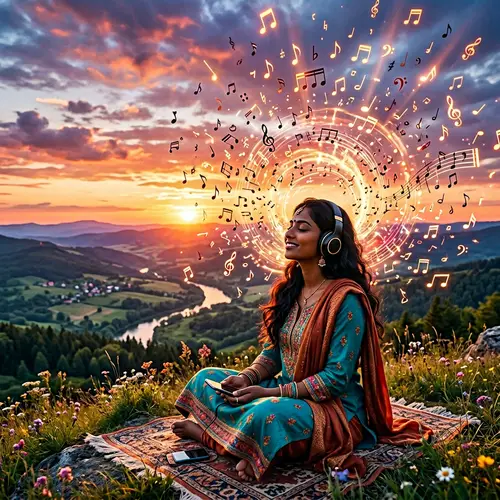 South Asian Woman Listening to Music at Sunset