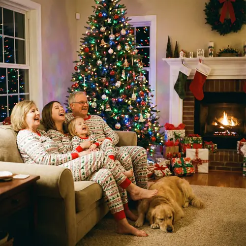 Cozy Family Christmas Photo in Front of Tree