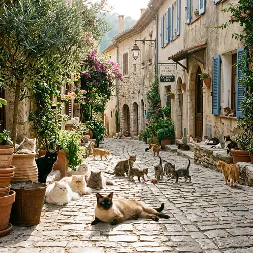 Feline Spectacle on Cobblestone Street: Cats in Harmony