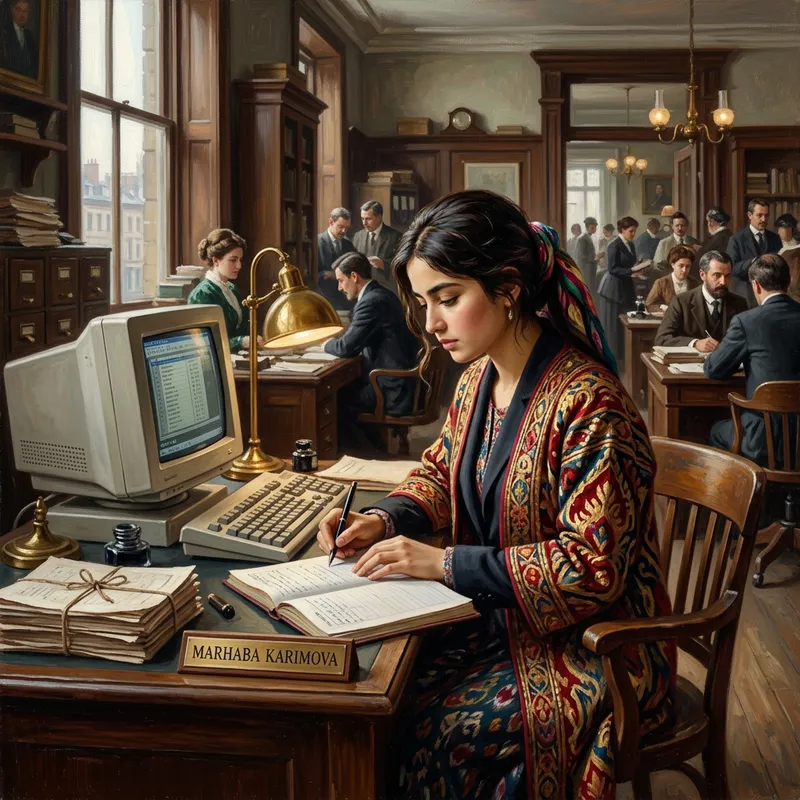 Oil Painting of a Tajik Girl at Workplace in Corporate Setting Oil Painting of a Tajik Girl at Workplace in Corporate Setting