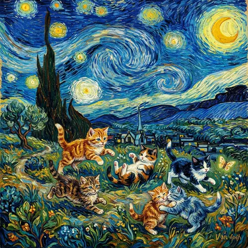 Playful Kittens Under Star-Filled Night Sky | Artistic Paintings