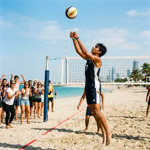 Middle-Eastern Boy Playing Volleyball on Sandy Beach