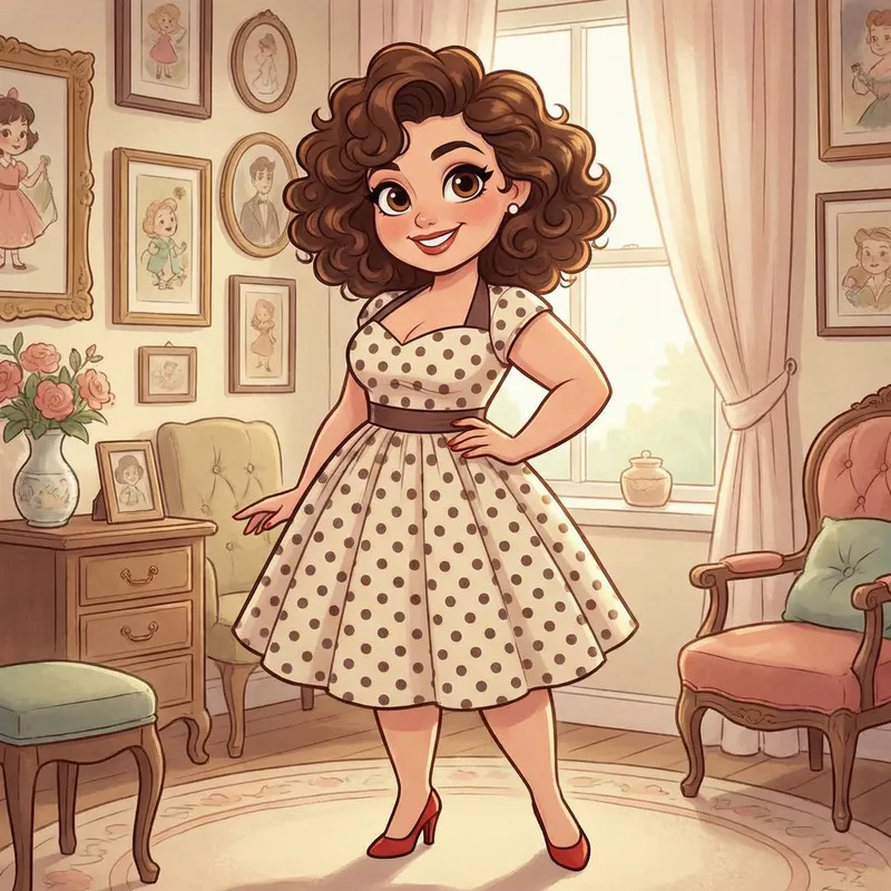Captivating Plus-Size Pin-Up Woman with Brown Eyes and Curly Hair